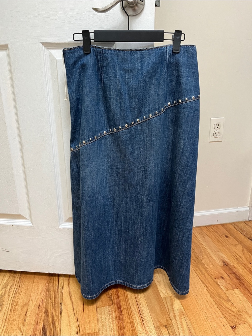 Zara Dark Blue Denim Midi Skirt with Stud Trim